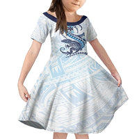 Blue Maori Tuatara Family Matching Off Shoulder Short Dress and Hawaiian Shirt Luxury Pastel Pattern LT01 Daughter's Dress Blue - Polynesian Pride