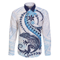 Blue Maori Tuatara Family Matching Off Shoulder Short Dress and Hawaiian Shirt Luxury Pastel Pattern LT01 Dad's Shirt - Long Sleeve Blue - Polynesian Pride
