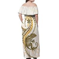 Gold Maori Tuatara Off Shoulder Maxi Dress Luxury Pastel Pattern