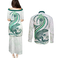 Green Maori Tuatara Couples Matching Puletasi and Long Sleeve Button Shirt Luxury Pastel Pattern