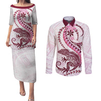 Pink Maori Tuatara Couples Matching Puletasi and Long Sleeve Button Shirt Luxury Pastel Pattern