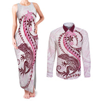 Pink Maori Tuatara Couples Matching Tank Maxi Dress and Long Sleeve Button Shirt Luxury Pastel Pattern LT01 Pink - Polynesian Pride