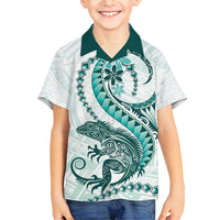 Teal Maori Tuatara Family Matching Short Sleeve Bodycon Dress and Hawaiian Shirt Luxury Pastel Pattern