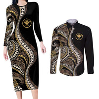 Hawaii Pineapple Brown Tribal Pattern Couples Matching Long Sleeve Bodycon Dress and Long Sleeve Button Shirt LT01 Brown - Polynesian Pride