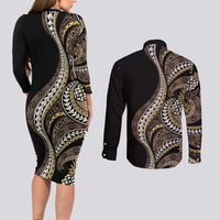 Hawaii Pineapple Brown Tribal Pattern Couples Matching Long Sleeve Bodycon Dress and Long Sleeve Button Shirt LT01 - Polynesian Pride