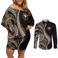 Hawaii Pineapple Brown Tribal Pattern Couples Matching Off Shoulder Short Dress and Long Sleeve Button Shirt LT01 Brown - Polynesian Pride