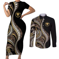 Hawaii Pineapple Brown Tribal Pattern Couples Matching Short Sleeve Bodycon Dress and Long Sleeve Button Shirt LT01 Brown - Polynesian Pride