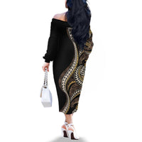 Hawaii Pineapple Brown Tribal Pattern Family Matching Off The Shoulder Long Sleeve Dress and Hawaiian Shirt - Polynesian Pride