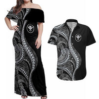 Hawaii Pineapple Gray Scale Tribal Pattern Couples Matching Off Shoulder Maxi Dress and Hawaiian Shirt LT01 Black - Polynesian Pride