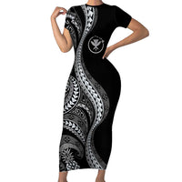 Hawaii Pineapple Gray Scale Tribal Pattern Family Matching Short Sleeve Bodycon Dress and Hawaiian Shirt - Polynesian Pride