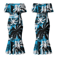 Custom Fijian Rugby Family Matching Mermaid Dress and Hawaiian Shirt Grunge Palm Stylized LT01 Mom's Dress Blue - Polynesian Pride