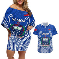 Samoa Rugby Couples Matching Off Shoulder Short Dress and Hawaiian Shirt Manu Samoa Go 2023 World Cup LT01 Blue - Polynesian Pride