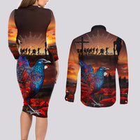 New Zealand Tui Bird Soldier ANZAC Couples Matching Long Sleeve Bodycon Dress and Long Sleeve Button Shirt Lest We Forget LT03 - Polynesian Pride