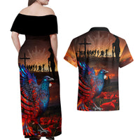 New Zealand Tui Bird Soldier ANZAC Couples Matching Off Shoulder Maxi Dress and Hawaiian Shirt Lest We Forget LT03 - Polynesian Pride