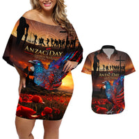 New Zealand Tui Bird Soldier ANZAC Couples Matching Off Shoulder Short Dress and Hawaiian Shirt Lest We Forget LT03 Black - Polynesian Pride