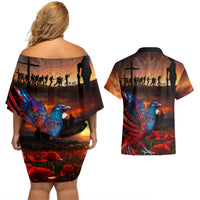New Zealand Tui Bird Soldier ANZAC Couples Matching Off Shoulder Short Dress and Hawaiian Shirt Lest We Forget LT03 - Polynesian Pride