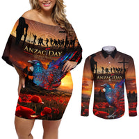 New Zealand Tui Bird Soldier ANZAC Couples Matching Off Shoulder Short Dress and Long Sleeve Button Shirt Lest We Forget LT03 Black - Polynesian Pride