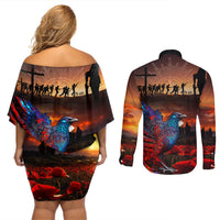New Zealand Tui Bird Soldier ANZAC Couples Matching Off Shoulder Short Dress and Long Sleeve Button Shirt Lest We Forget LT03 - Polynesian Pride