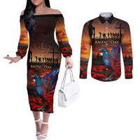 New Zealand Tui Bird Soldier ANZAC Couples Matching Off The Shoulder Long Sleeve Dress and Long Sleeve Button Shirt Lest We Forget LT03 Black - Polynesian Pride