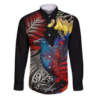 New Zealand Kohwhai Tui Bird Family Matching Mermaid Dress and Hawaiian Shirt Silver Fern Version LT03 Dad's Shirt - Long Sleeve Black - Polynesian Pride