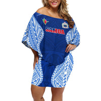 Custom Manu Samoa Rugby Off Shoulder Short Dress Polynesian Tattoo LT03 Women Blue - Polynesian Pride