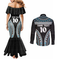 Custom Flying Fijians Rugby Couples Matching Mermaid Dress and Long Sleeve Button Shirt Tapa Tribal Cloth Black Color LT03 - Polynesian Pride