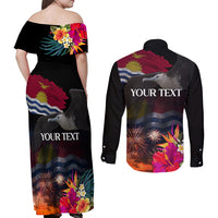 Personalised Kiribati Independence Day Couples Matching Off Shoulder Maxi Dress and Long Sleeve Button Shirt Frigatebird and Plumeria Hibiscus Flower LT03 - Polynesian Pride