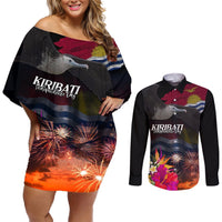 Personalised Kiribati Independence Day Couples Matching Off Shoulder Short Dress and Long Sleeve Button Shirt Frigatebird and Plumeria Hibiscus Flower LT03 Black - Polynesian Pride