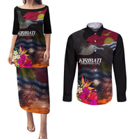 Personalised Kiribati Independence Day Couples Matching Puletasi and Long Sleeve Button Shirt Frigatebird and Plumeria Hibiscus Flower LT03 Black - Polynesian Pride