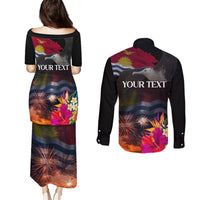 Personalised Kiribati Independence Day Couples Matching Puletasi and Long Sleeve Button Shirt Frigatebird and Plumeria Hibiscus Flower LT03 - Polynesian Pride