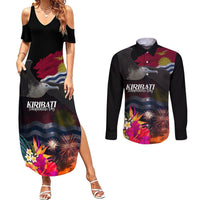 Personalised Kiribati Independence Day Couples Matching Summer Maxi Dress and Long Sleeve Button Shirt Frigatebird and Plumeria Hibiscus Flower LT03 Black - Polynesian Pride