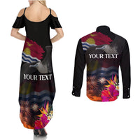 Personalised Kiribati Independence Day Couples Matching Summer Maxi Dress and Long Sleeve Button Shirt Frigatebird and Plumeria Hibiscus Flower LT03 - Polynesian Pride