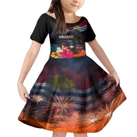 Personalised Kiribati Independence Day Family Matching Mermaid Dress and Hawaiian Shirt Frigatebird and Plumeria Hibiscus Flower LT03 Daughter's Dress Black - Polynesian Pride