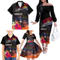 Personalised Kiribati Independence Day Family Matching Off The Shoulder Long Sleeve Dress and Hawaiian Shirt Frigatebird and Plumeria Hibiscus Flower LT03 - Polynesian Pride