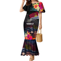 Personalised Kiribati Independence Day Mermaid Dress Frigatebird and Plumeria Hibiscus Flower LT03 Women Black - Polynesian Pride