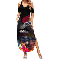 Personalised Kiribati Independence Day Summer Maxi Dress Frigatebird and Plumeria Hibiscus Flower LT03 Women Black - Polynesian Pride