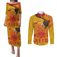 Personalized American Samoa Fautasi Race Couples Matching Puletasi and Long Sleeve Button Shirt Aeto Pago Pago with Eagle Samoan Tribal Patterns