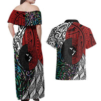 Tonga and New Zealand Together Couples Matching Off Shoulder Maxi Dress and Hawaiian Shirt Tongan Kupesi Ngatu Tattoo and Maori Paua Shell Pattern LT03 - Polynesian Pride