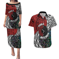 Tonga and New Zealand Together Couples Matching Puletasi and Hawaiian Shirt Tongan Kupesi Ngatu Tattoo and Maori Paua Shell Pattern LT03 Black - Polynesian Pride