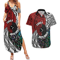 Tonga and New Zealand Together Couples Matching Summer Maxi Dress and Hawaiian Shirt Tongan Kupesi Ngatu Tattoo and Maori Paua Shell Pattern LT03 Black - Polynesian Pride