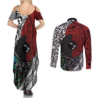 Tonga and New Zealand Together Couples Matching Summer Maxi Dress and Long Sleeve Button Shirt Tongan Kupesi Ngatu Tattoo and Maori Paua Shell Pattern LT03 - Polynesian Pride