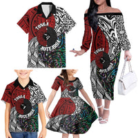 Tonga and New Zealand Together Family Matching Off The Shoulder Long Sleeve Dress and Hawaiian Shirt Tongan Kupesi Ngatu Tattoo and Maori Paua Shell Pattern LT03 - Polynesian Pride