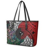 Tonga and New Zealand Together Leather Tote Bag Tongan Kupesi Ngatu Tattoo and Maori Paua Shell Pattern