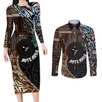 Samoa and New Zealand Together Couples Matching Long Sleeve Bodycon Dress and Long Sleeve Button Shirt Siapo Motif and Maori Paua Shell Pattern LT03 Black - Polynesian Pride
