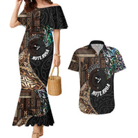 Samoa and New Zealand Together Couples Matching Mermaid Dress and Hawaiian Shirt Siapo Motif and Maori Paua Shell Pattern LT03 Black - Polynesian Pride