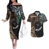 Samoa and New Zealand Together Couples Matching Off The Shoulder Long Sleeve Dress and Hawaiian Shirt Siapo Motif and Maori Paua Shell Pattern LT03 Black - Polynesian Pride