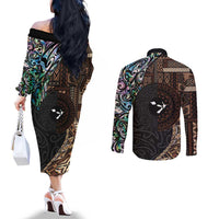 Samoa and New Zealand Together Couples Matching Off The Shoulder Long Sleeve Dress and Long Sleeve Button Shirt Siapo Motif and Maori Paua Shell Pattern LT03 - Polynesian Pride