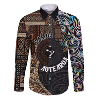 Samoa and New Zealand Together Family Matching Mermaid Dress and Hawaiian Shirt Siapo Motif and Maori Paua Shell Pattern LT03 Dad's Shirt - Long Sleeve Black - Polynesian Pride