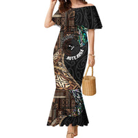 Samoa and New Zealand Together Family Matching Mermaid Dress and Hawaiian Shirt Siapo Motif and Maori Paua Shell Pattern LT03 Mom's Dress Black - Polynesian Pride