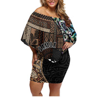 Samoa and New Zealand Together Family Matching Off Shoulder Short Dress and Hawaiian Shirt Siapo Motif and Maori Paua Shell Pattern LT03 Mom's Dress Black - Polynesian Pride
